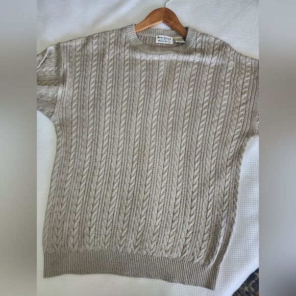 Neiman Marcus Sil Grey Tan Crewneck Sweater Cable Knit - Picture 6 of 7